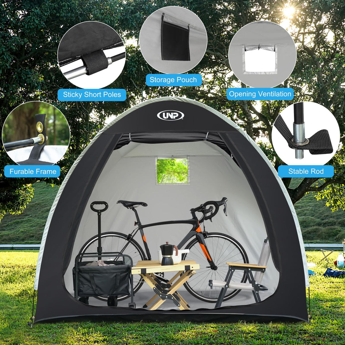 UNP bike storage shed tent: fabric close-up with waterproof and UV protection