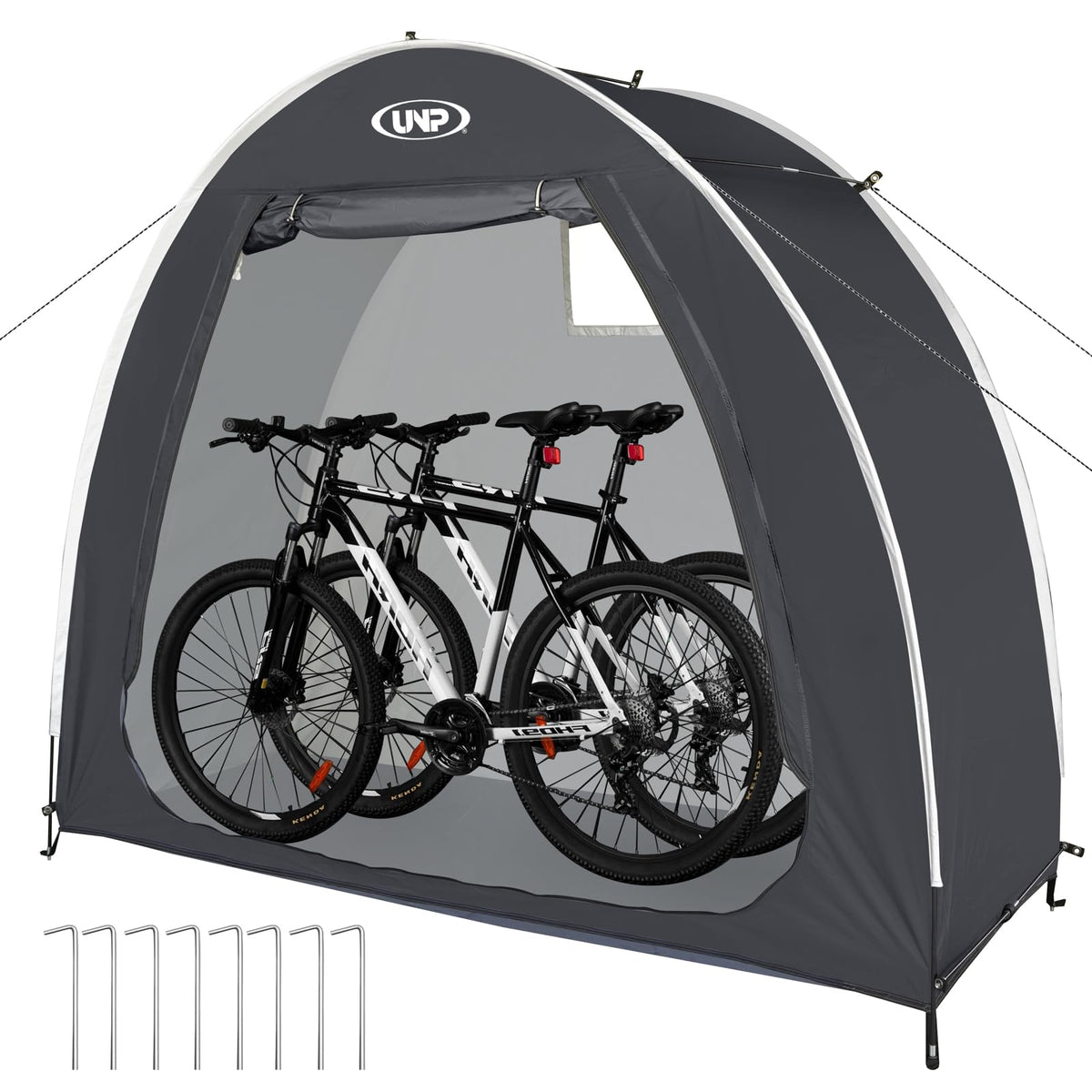 UNP bike storage shed tent: front view showing weatherproof protection for bicycles