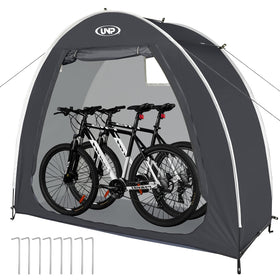 UNP bike storage shed tent: front view showing weatherproof protection for bicycles