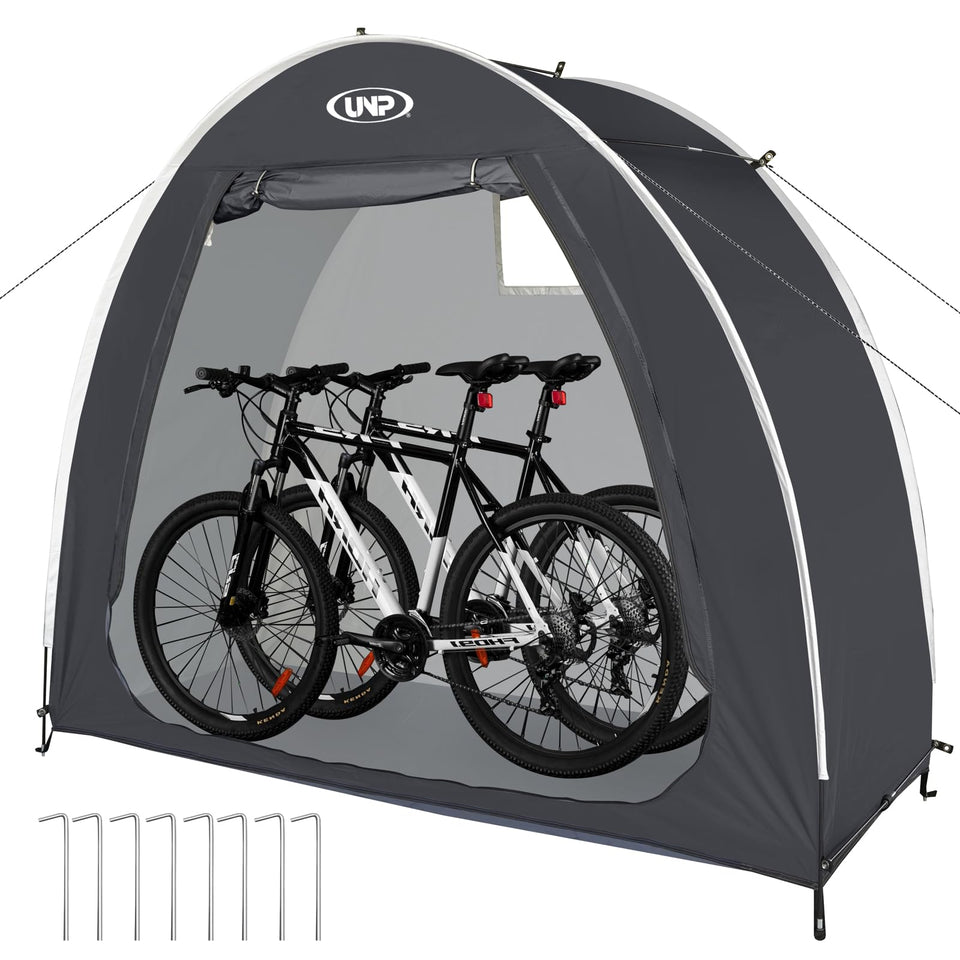 UNP bike storage shed tent: front view showing weatherproof protection for bicycles