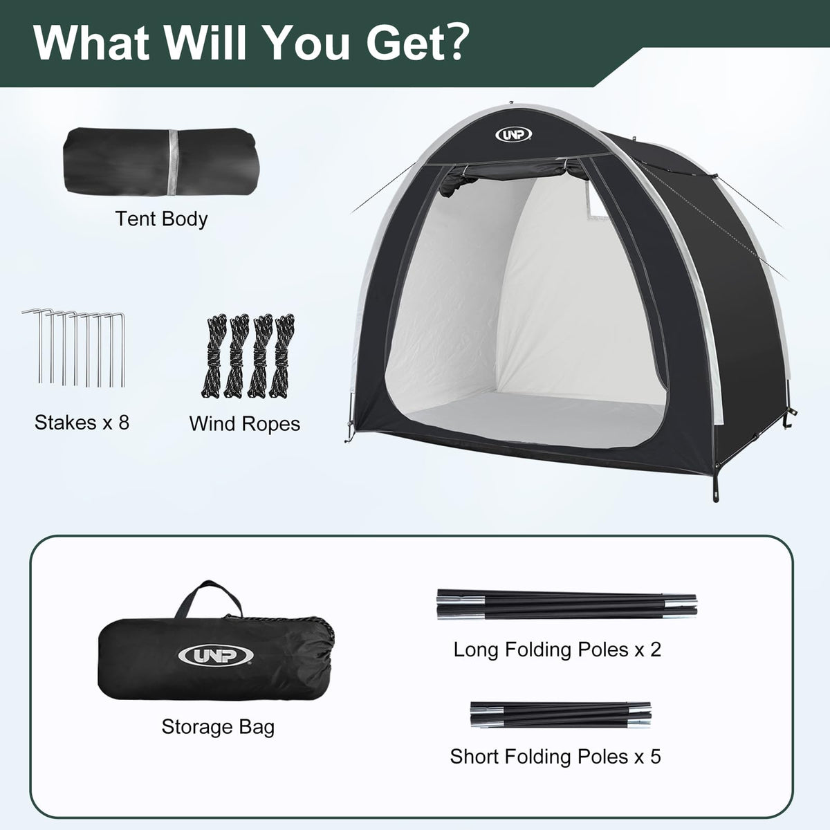 UNP bike storage shed tent: organized storage for garden tools