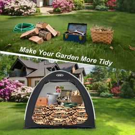 UNP bike storage shed tent: in-use scene with bikes and gear stored inside