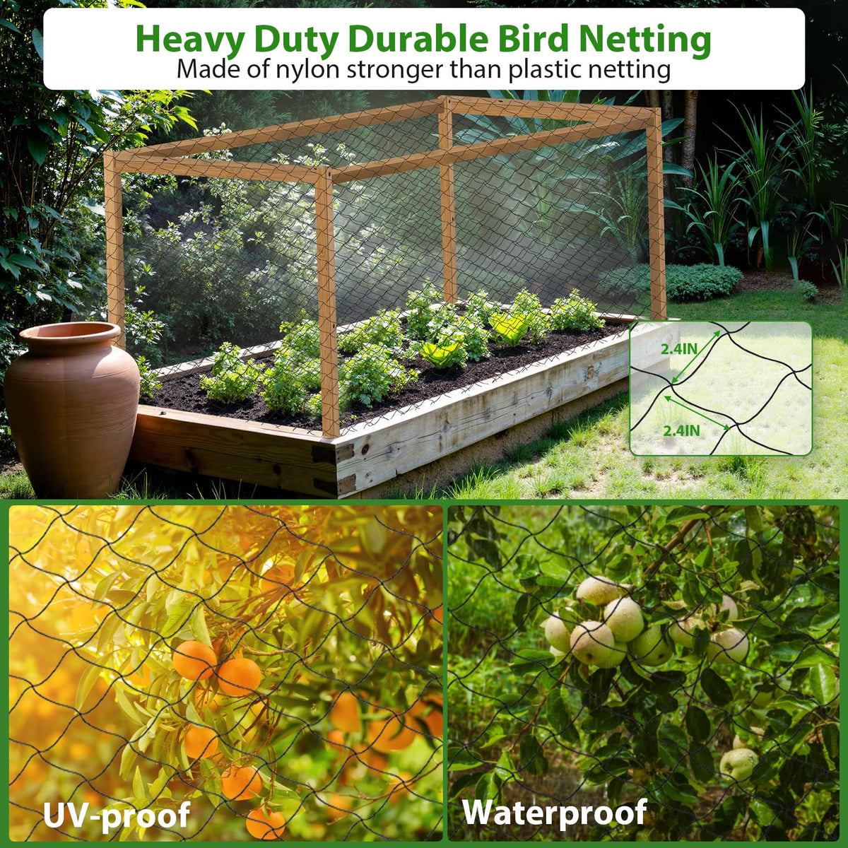 Unves 2-4 inch mesh poultry netting protects the chicken coop.