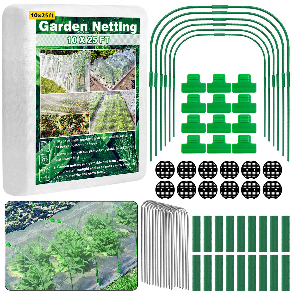 Unves garden netting kit covering plants while allowing water and light through
