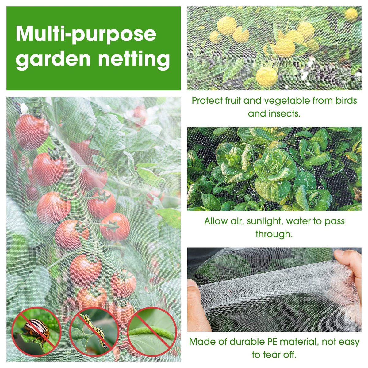 Unves bird netting with flexible mesh guards crops and promotes air circulation.