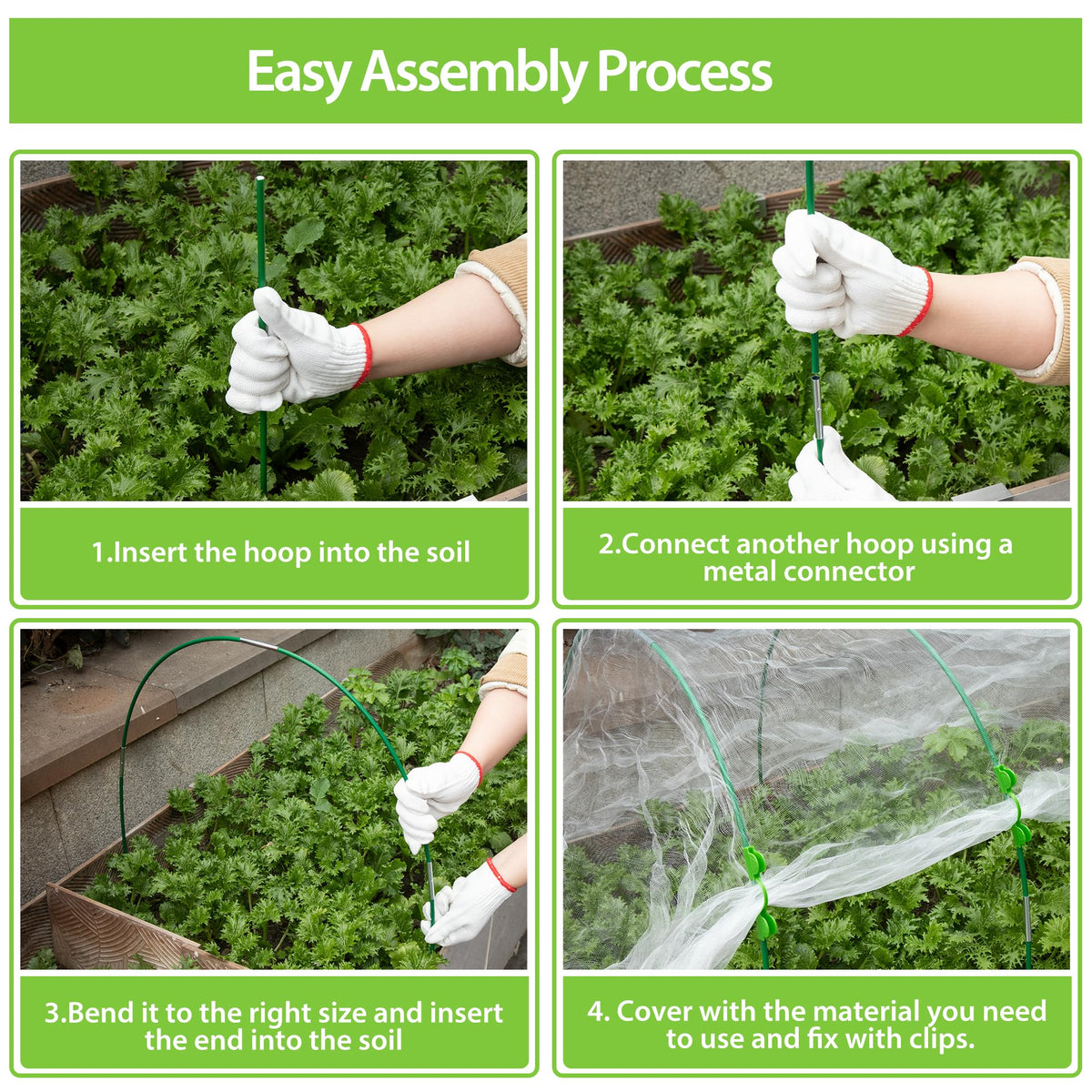 Unves polyester gloves protect hands during soil insertion and setup.