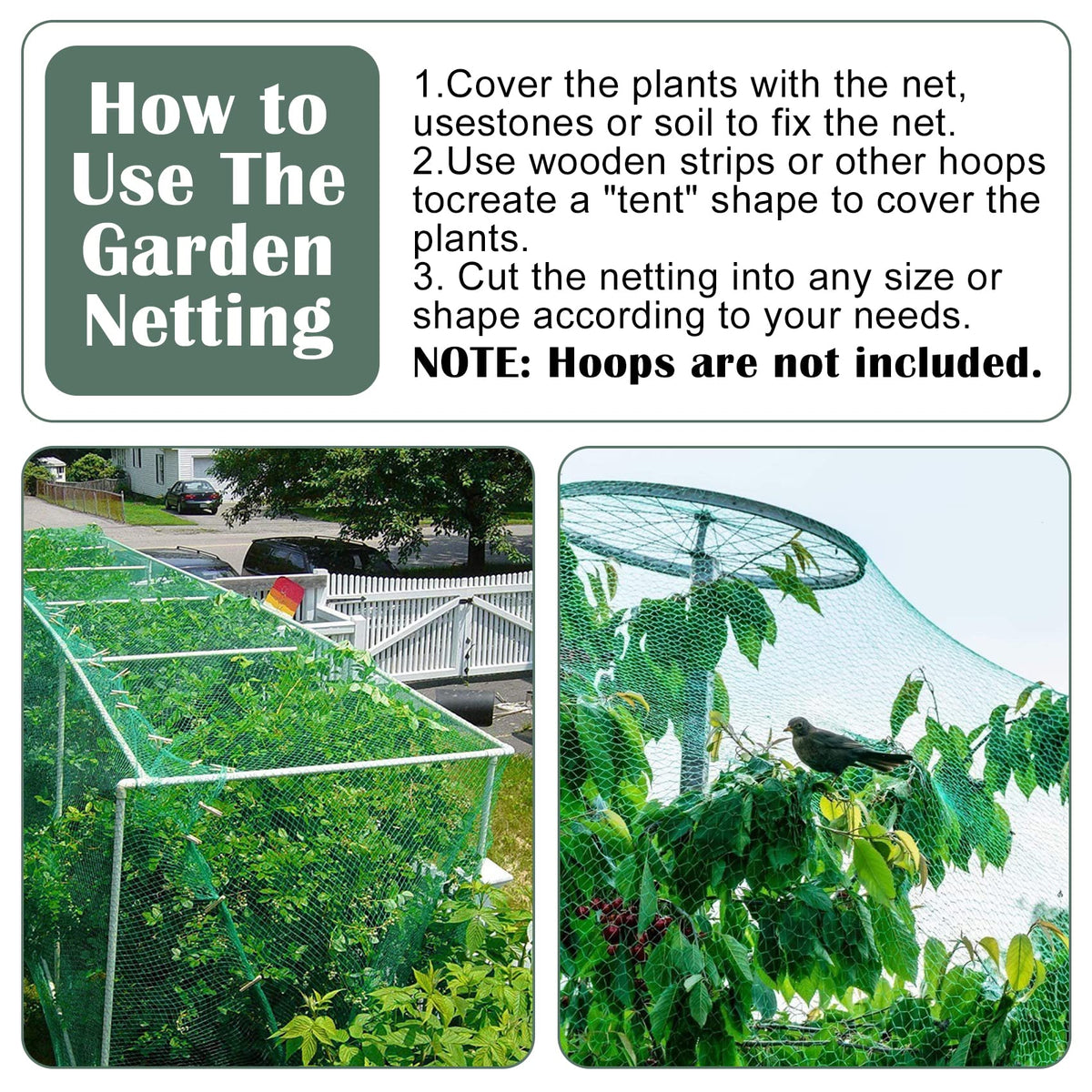 Unves garden netting covering a tomato bed in a home garden.