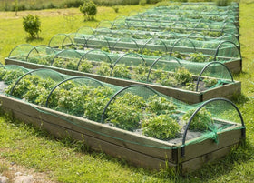 Unves garden netting protecting vegetables in a lush garden scene.