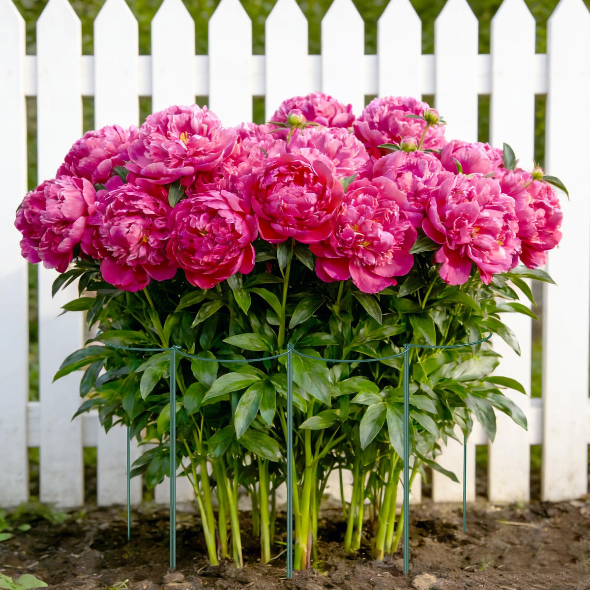 Unves half-round peony cage provides sturdy protection for blooming plants.
