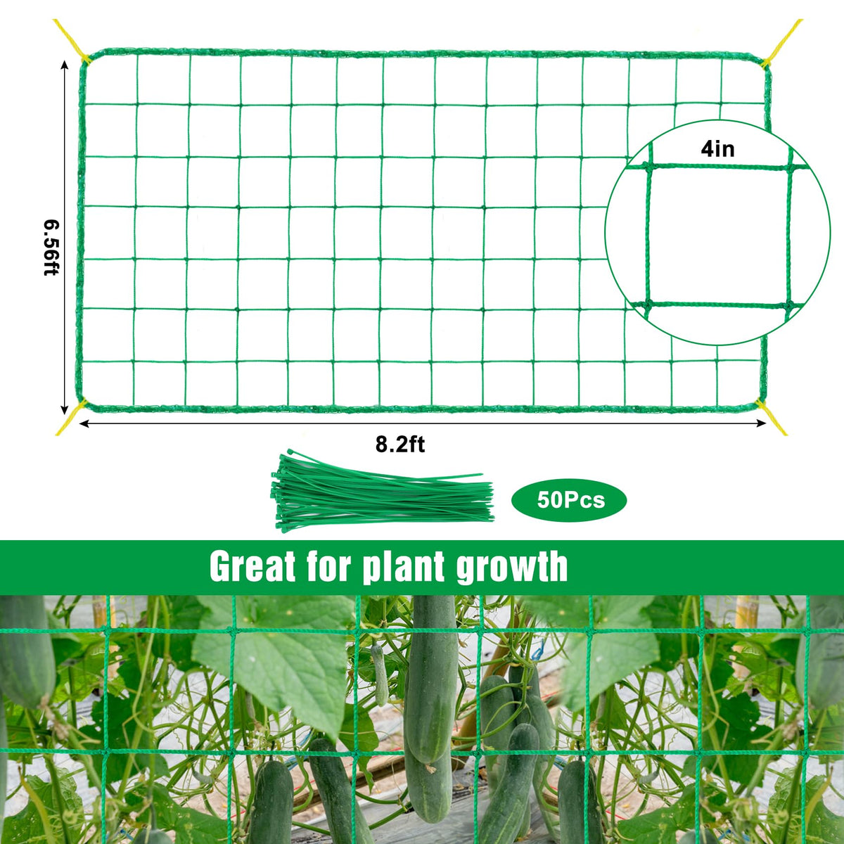 Unves Trellis Netting outdoor setup supports climbing cucumbers and tomatoes.