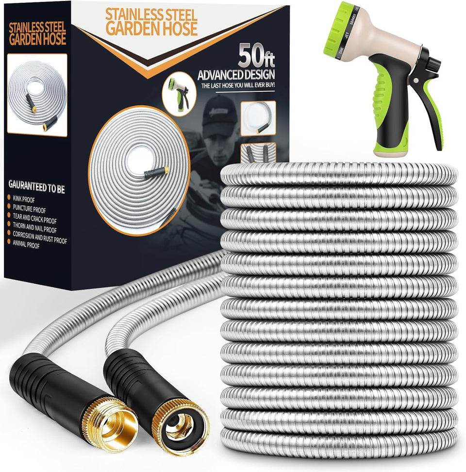 Unywarse garden hose 50ft with stainless steel body for durable, kink-free watering.