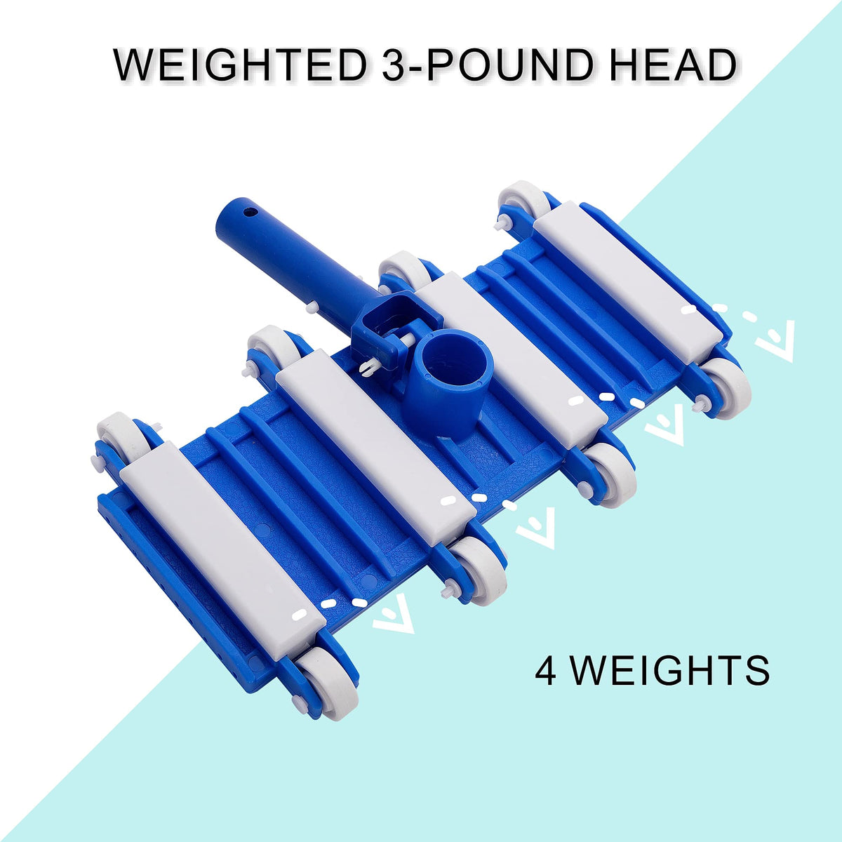 Uoark pool vacuum head with wheels, top view shows four weighted plates.
