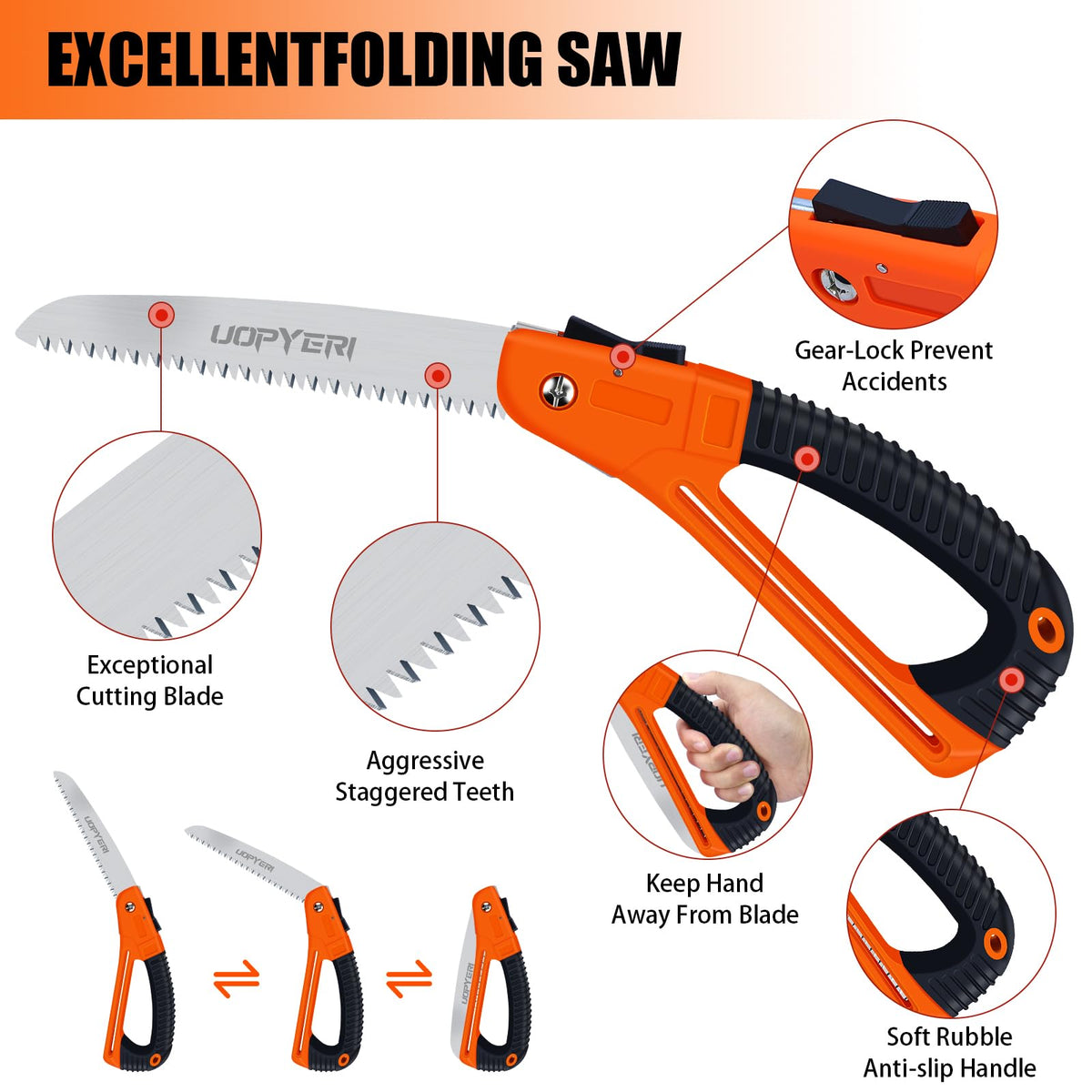 Uopyeri folding saw ergonomic non-slip handle reduces fatigue during use.