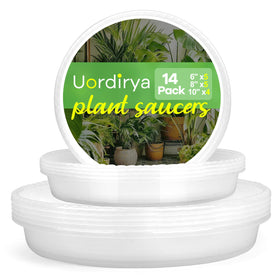 Uordirya 14-pack clear plant saucers under pots protect surfaces from water damage.