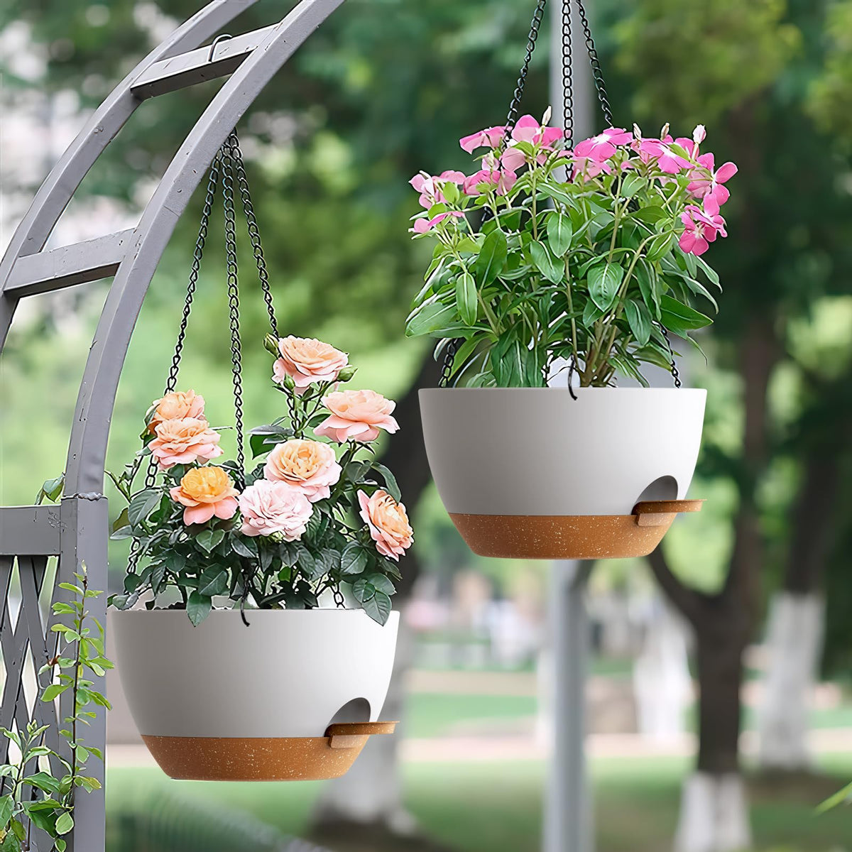 UOUZ 10-inch self-watering planter in white and brown for modern spaces.