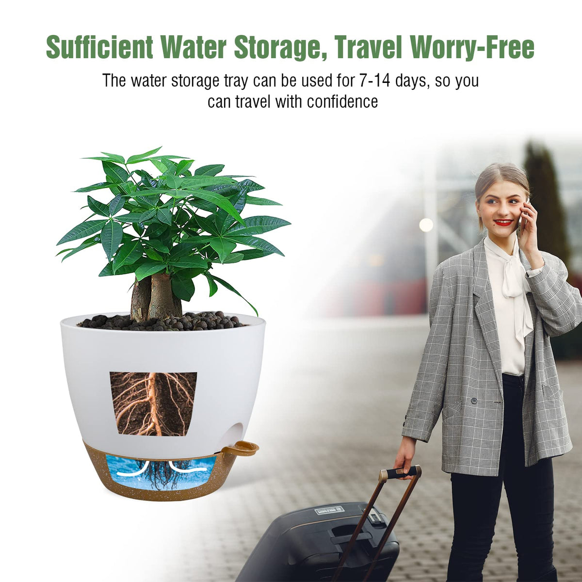 UOUZ pot in white with brown accents suits spaces.