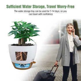 UOUZ pot in white with brown accents suits spaces.