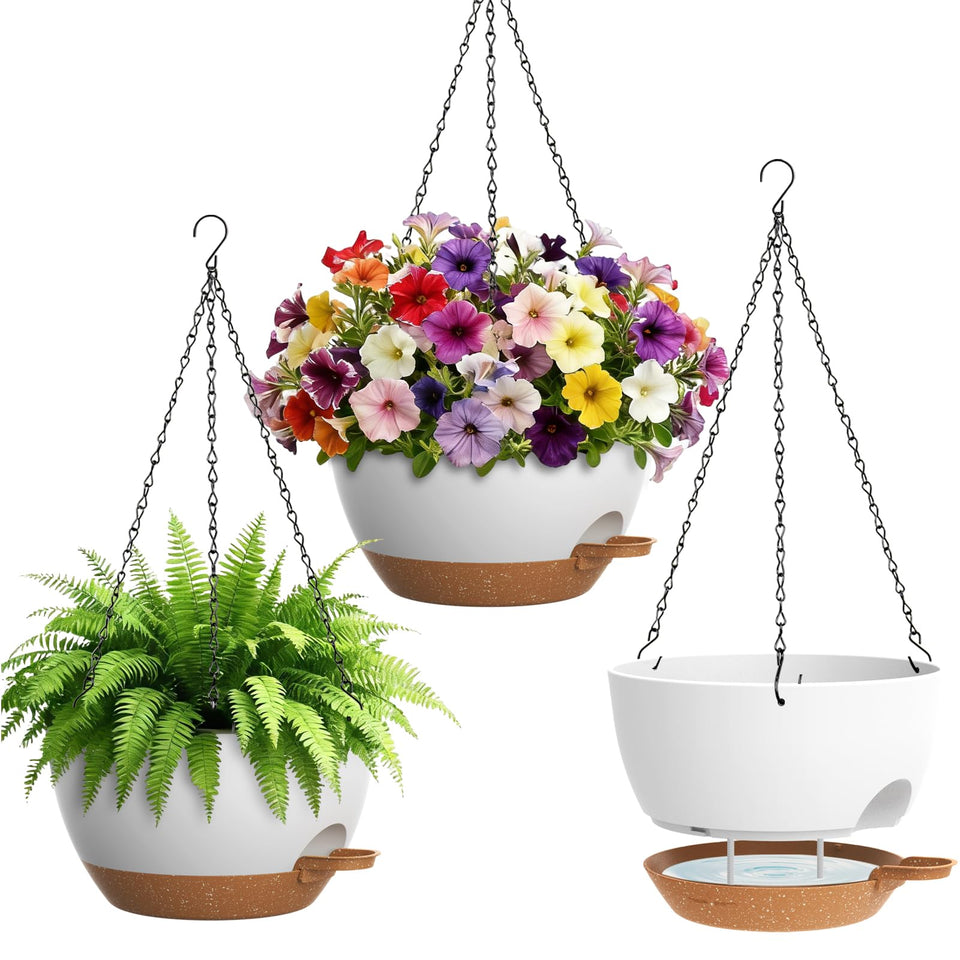 UOUZ 3-pack 10-inch self-watering planters for indoor spaces with space-saving design.
