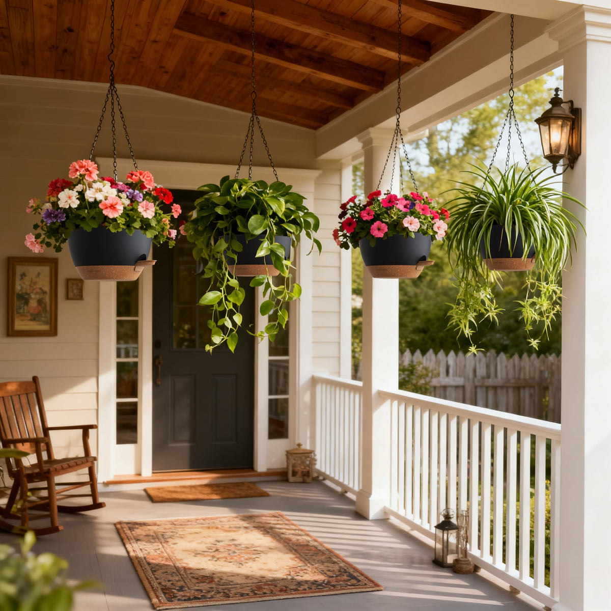 UOUZ 4-pack hanging planters showcased in a home garden setup.