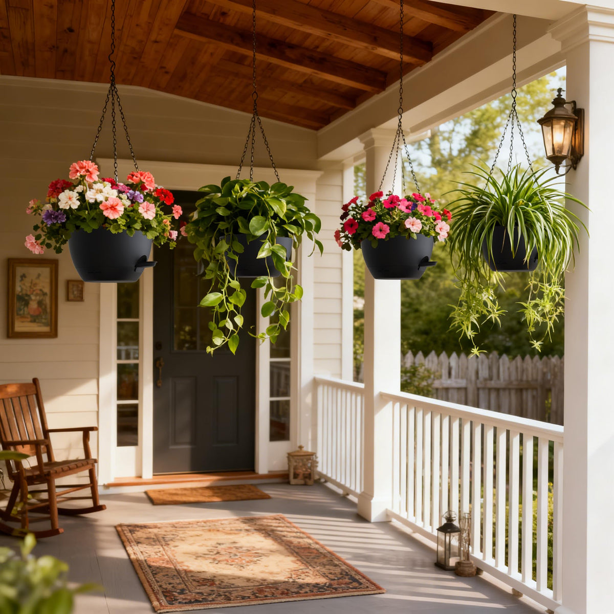UOUZ 8-inch self-watering hanging planter reservoir for extended moisture between fills.