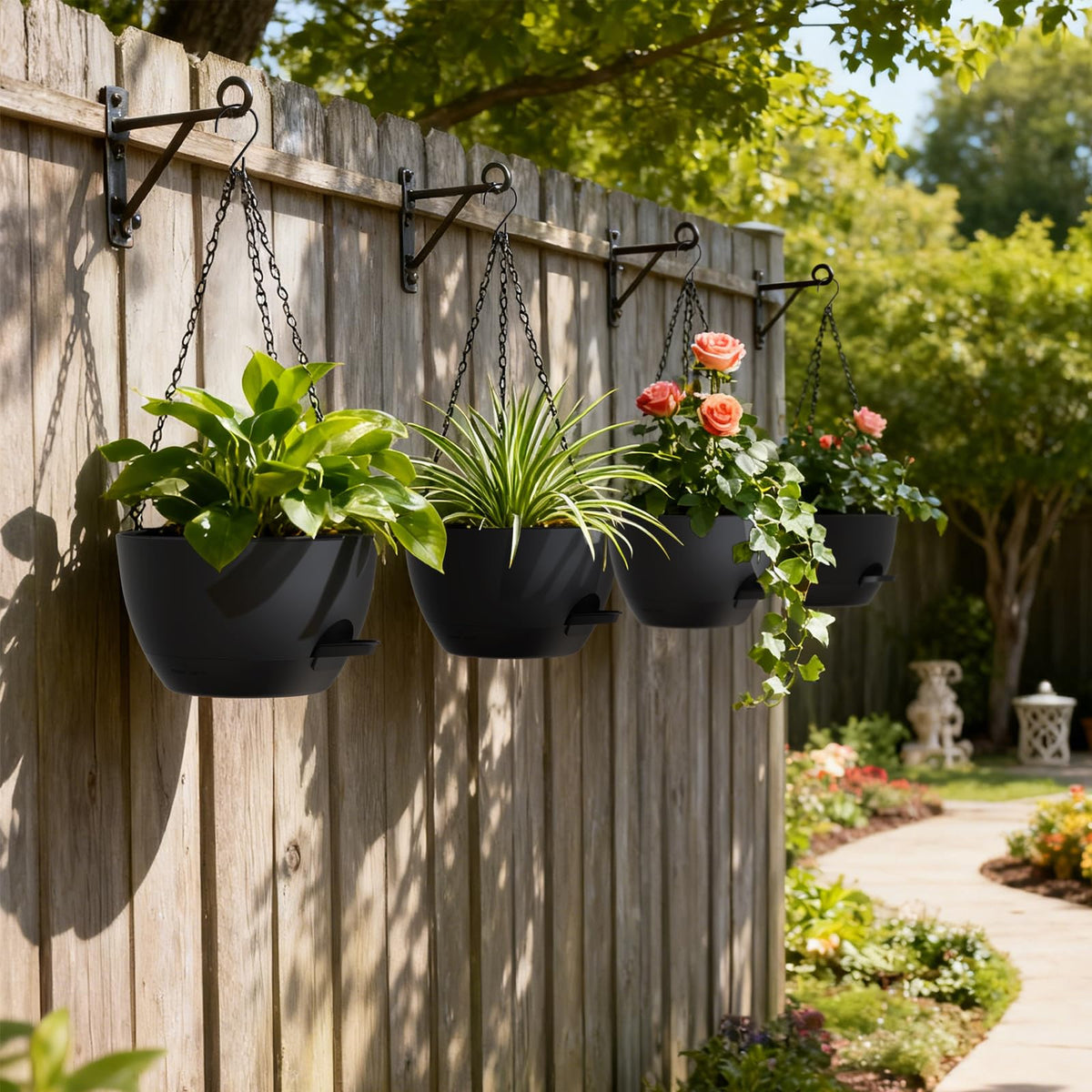 UOUZ black hanging planter for porches and gardens with versatile styling.