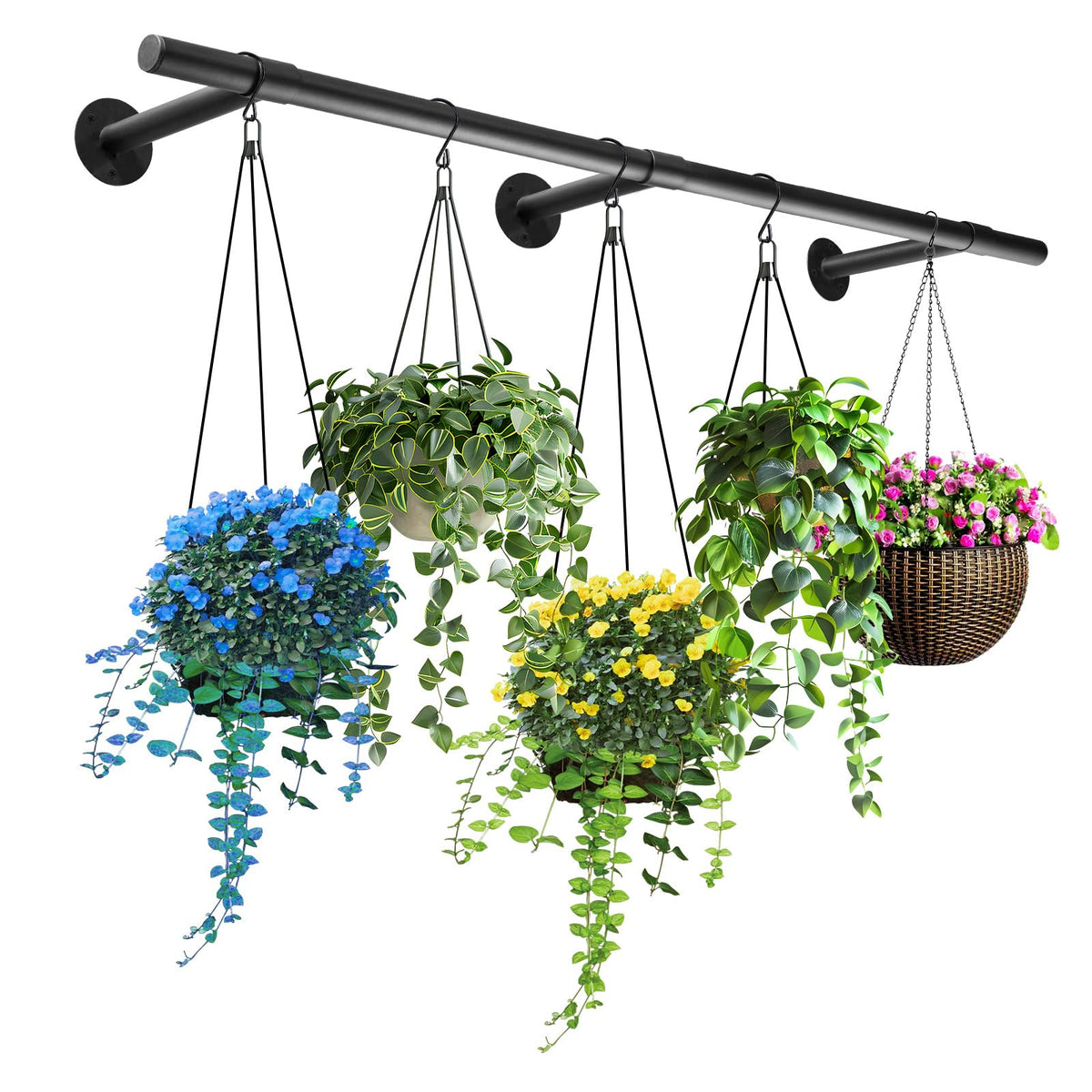 Uoveya Hanging Planters Rod installed on ceiling saving floor space.