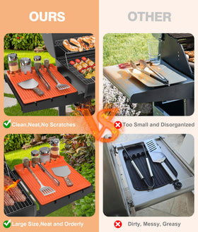 Uozuke anti-slip orange mat keeps tools in place during grilling