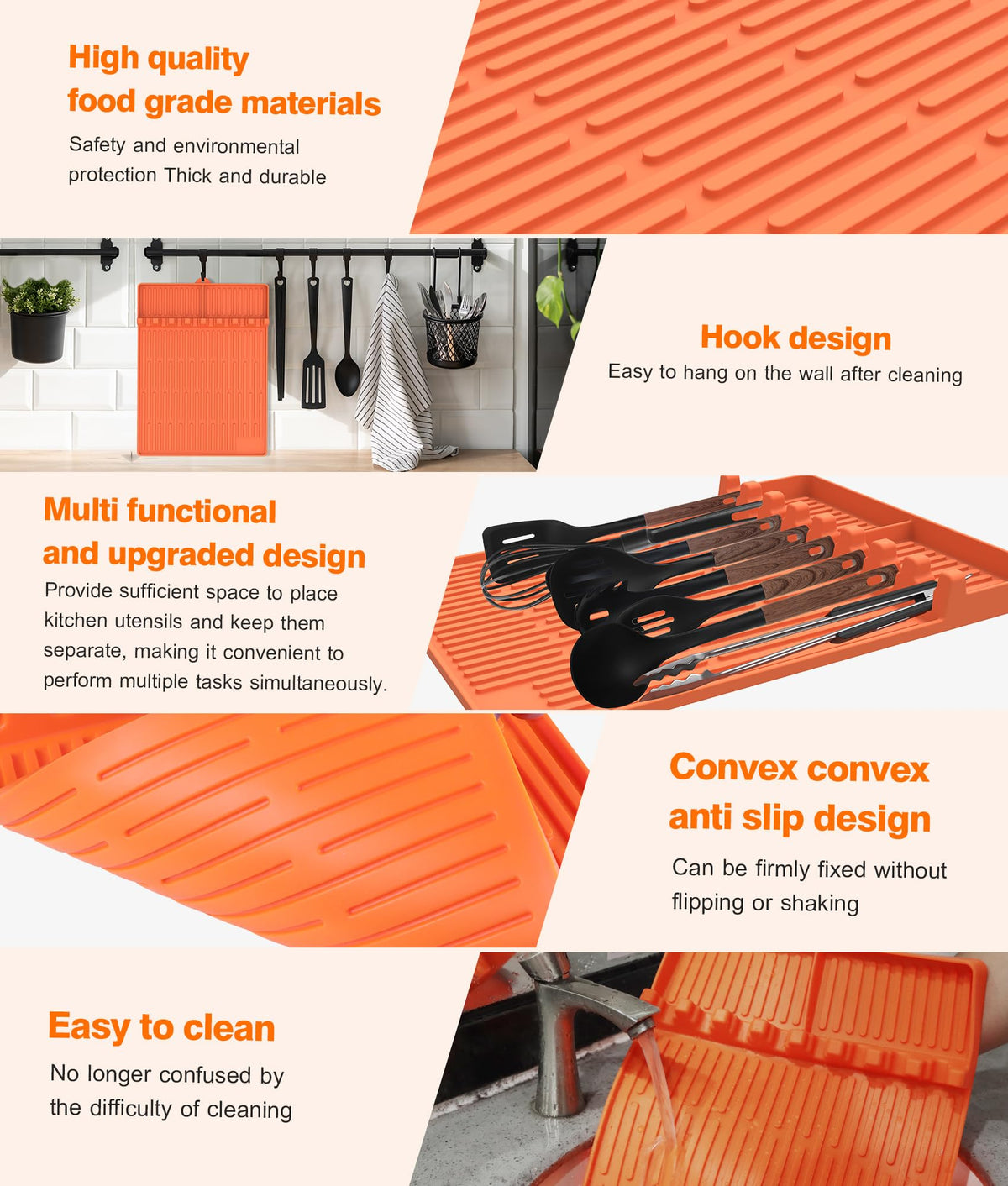 Uozuke easy clean silicone mat orange, dishwasher safe for quick cleanup