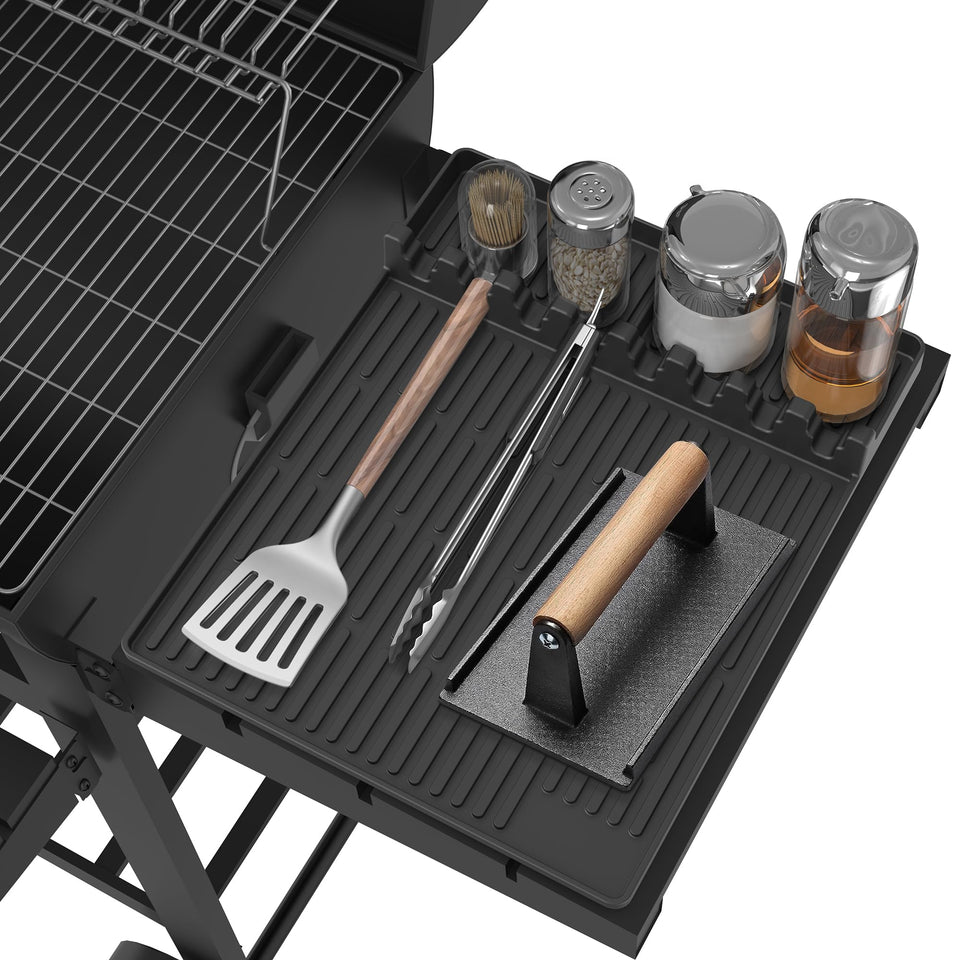 Uozuke silicone griddle tools mat on Blackstone side shelf keeps tools organized and within reach.