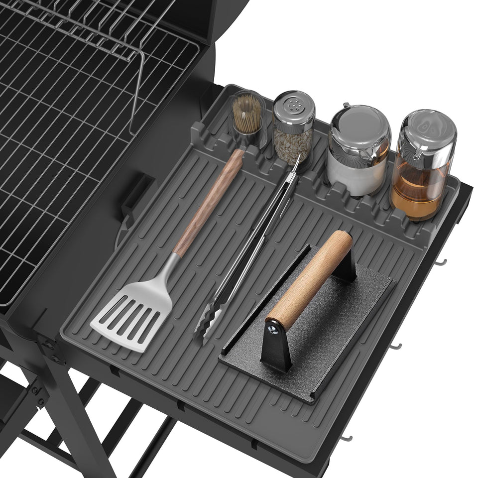 Uozuke silicone griddle tools mat gray keeps utensils organized on the grill shelf.