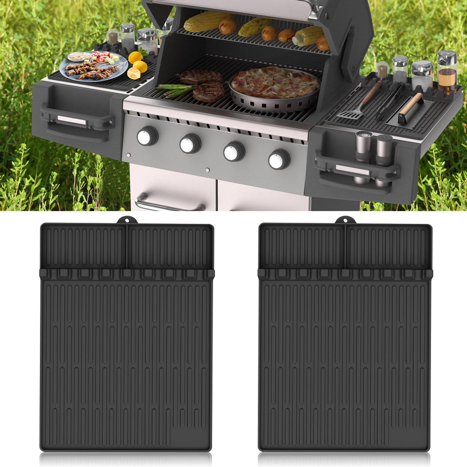 Uozuke silicone griddle mat on Blackstone side shelf keeps tools organized.
