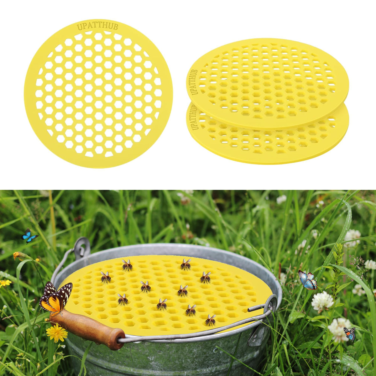 UPATTHUB bee water cup floating platform two-pack in a garden