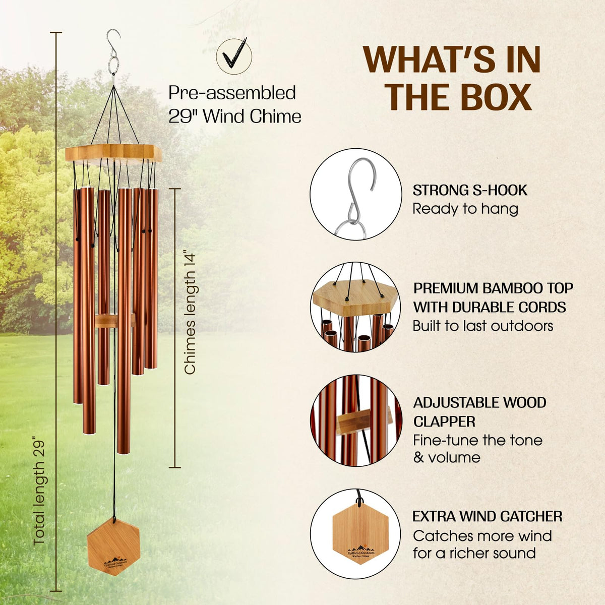 UpBlend Outdoors weatherproof chime with thick-walled tubes, resisting rain and sun.