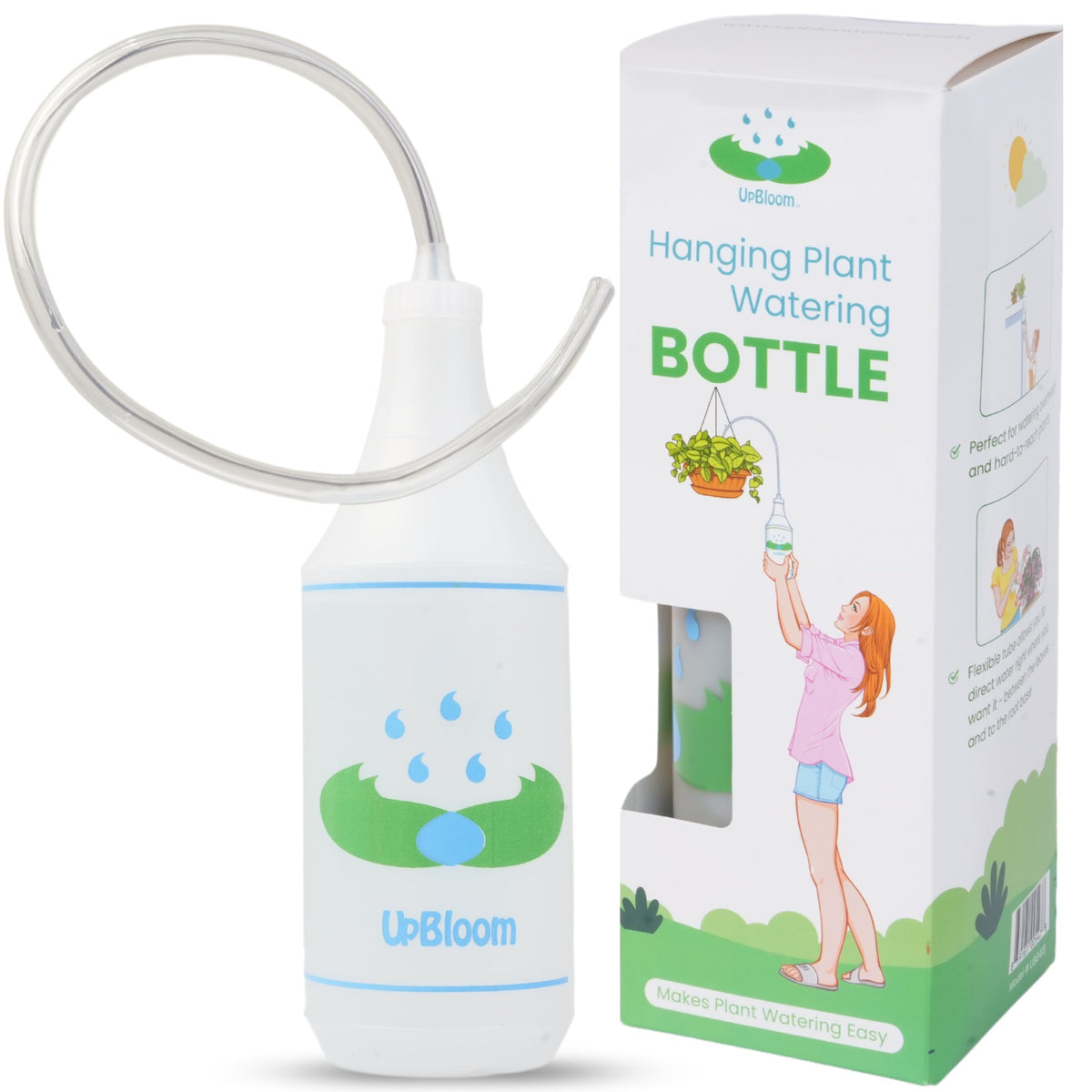 UpBloom 32oz squeeze bottle shown with hanging plant for precise watering