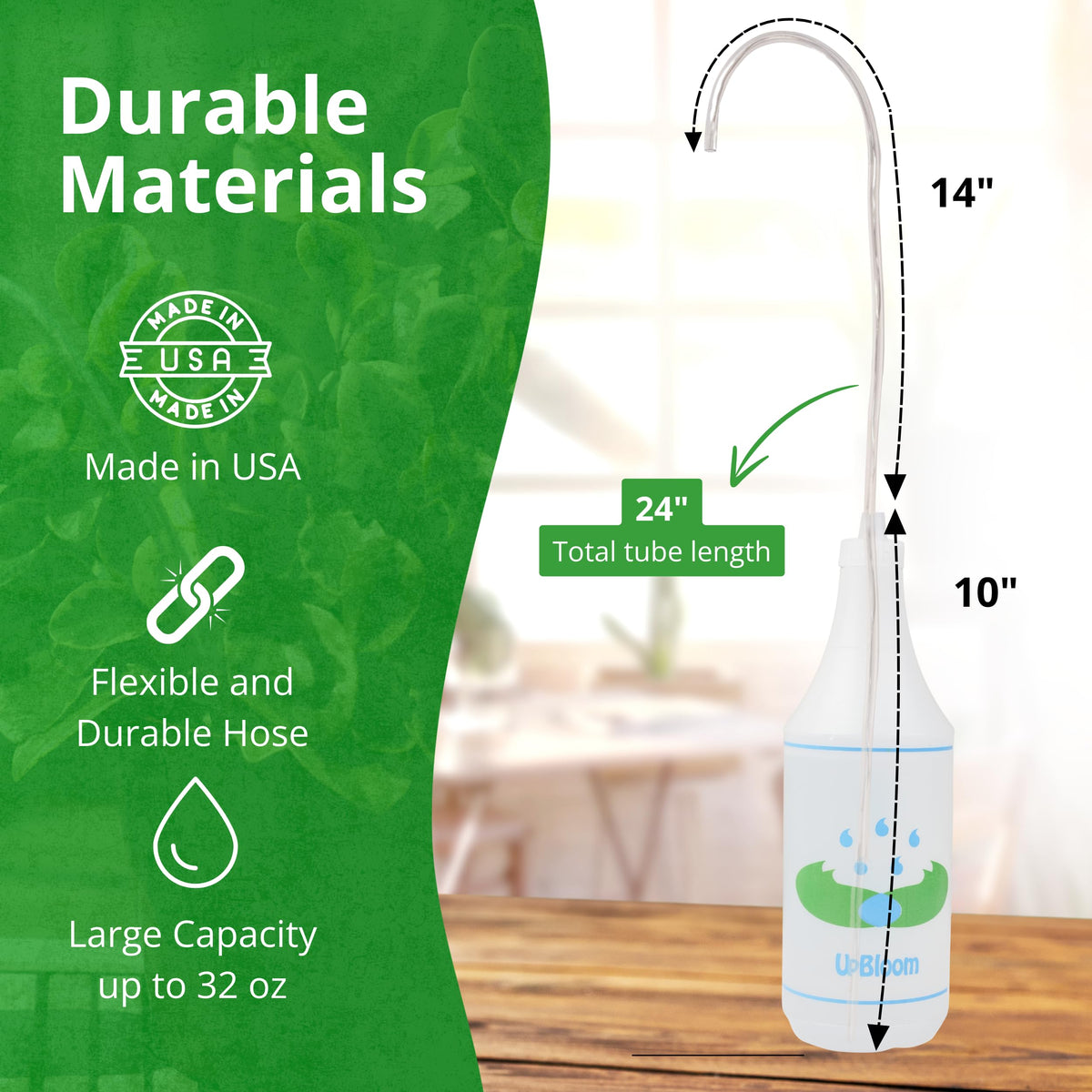 UpBloom spill-free hanging waterer for overhead plant watering