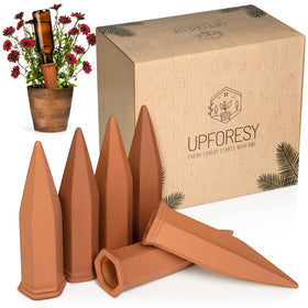 Upforesy terracotta watering spikes connect to a bottle for steady hydration.