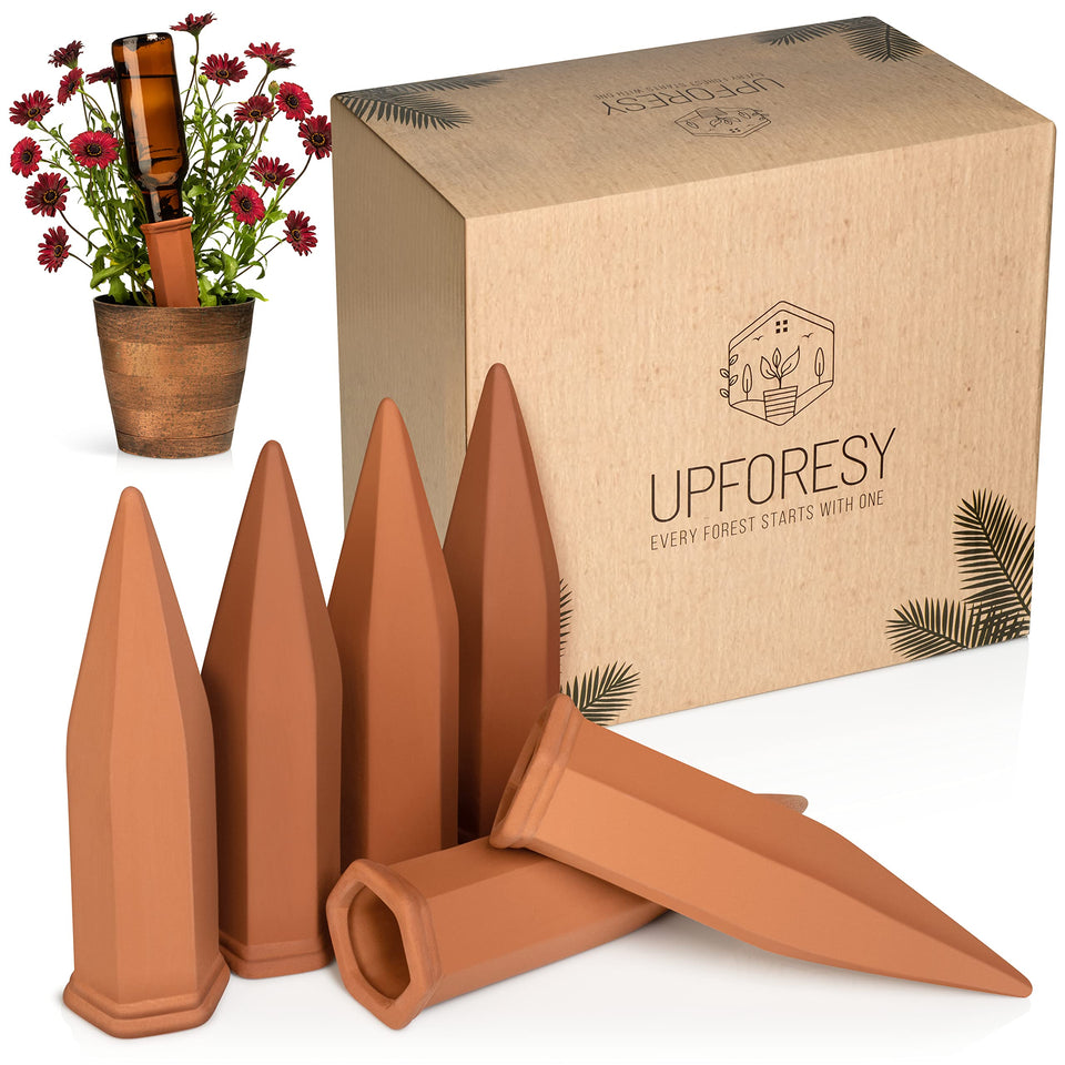 Upforesy terracotta watering spikes connect to a bottle for steady hydration.