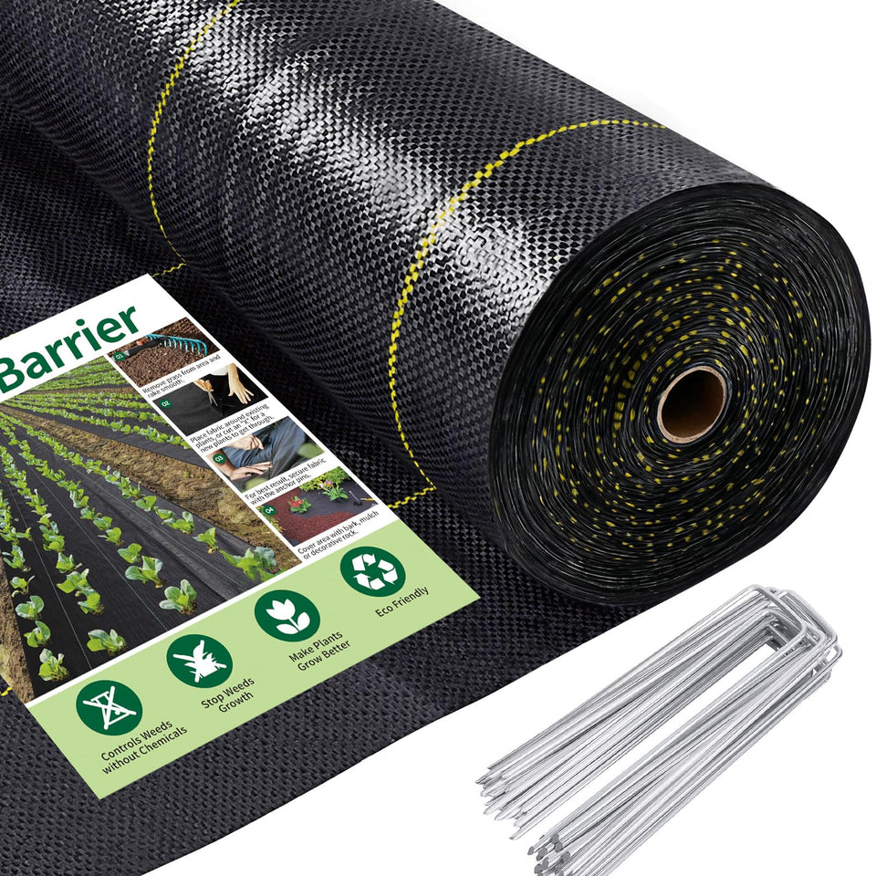 Upgrade weed barrier roll front view, durable fabric blocks sunlight for weed suppression