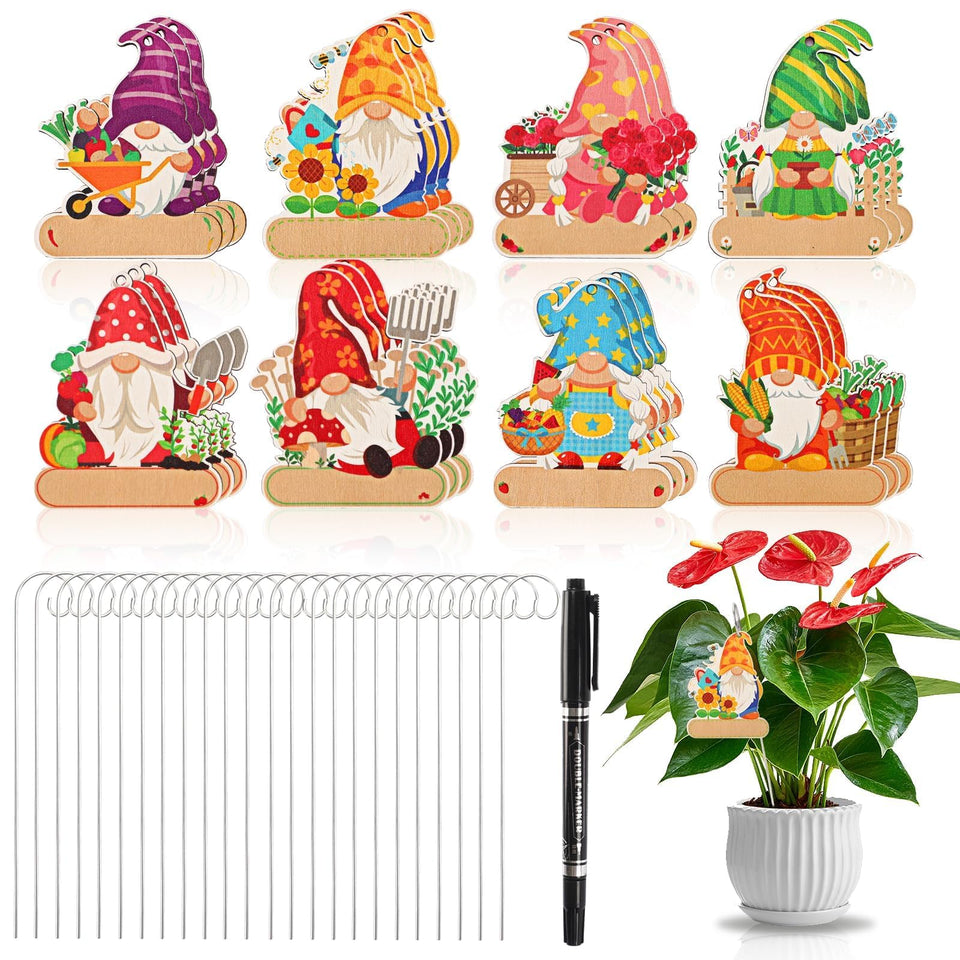 UPINS gnome marker stake set on wood for outdoor labeling and weather resistance.