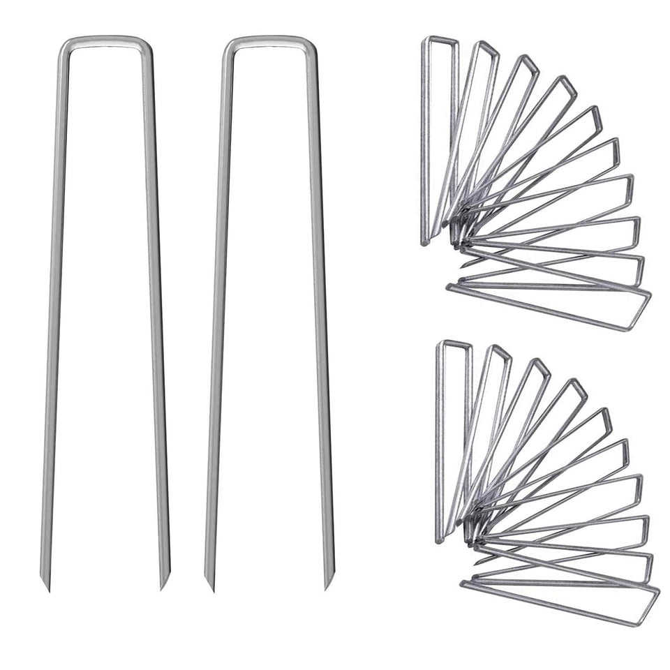 UPMCT 12-inch galvanized garden stake securing landscape fabric against wind.