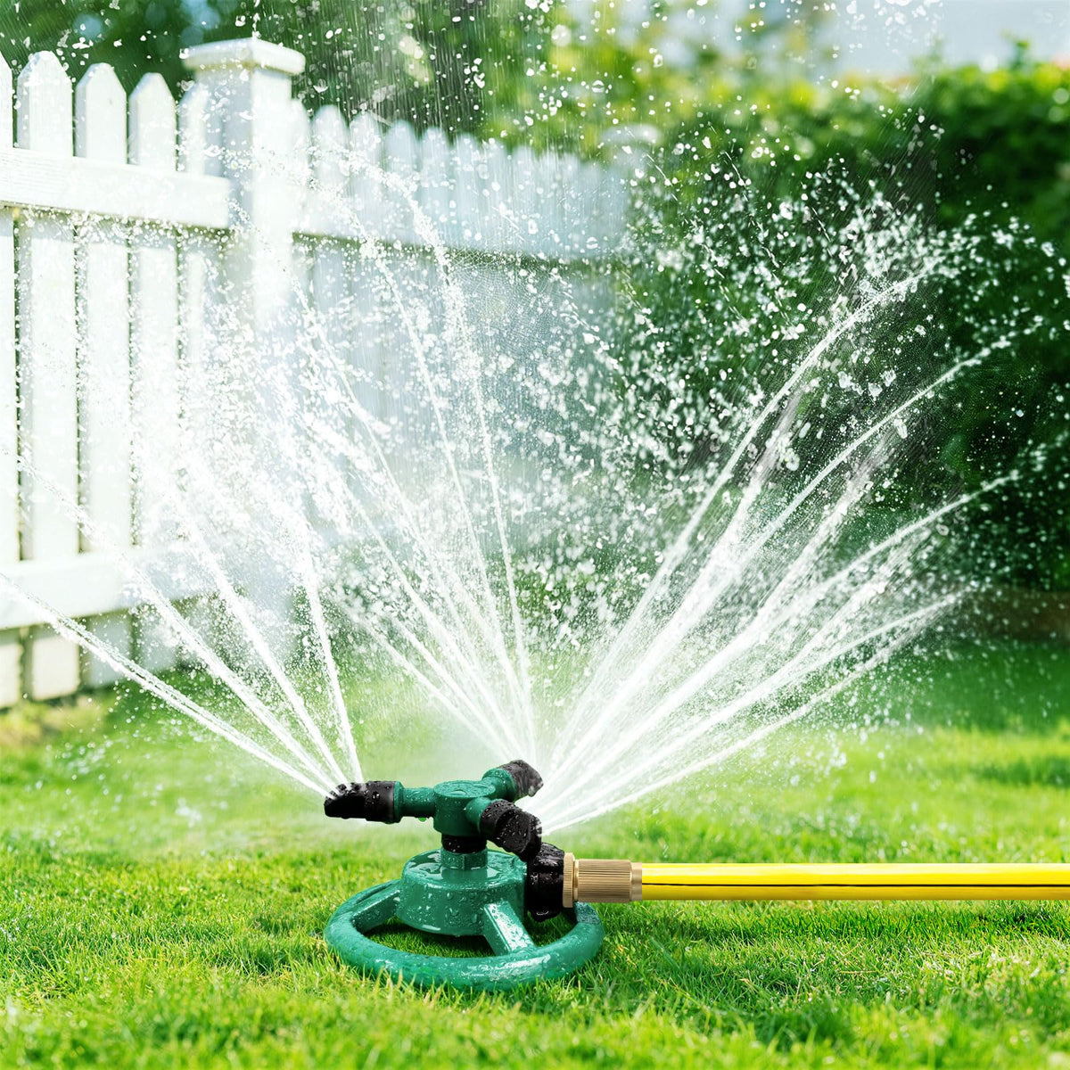 UPOFFICIS sprinkler shown with 360-degree rotation for wide yard coverage.