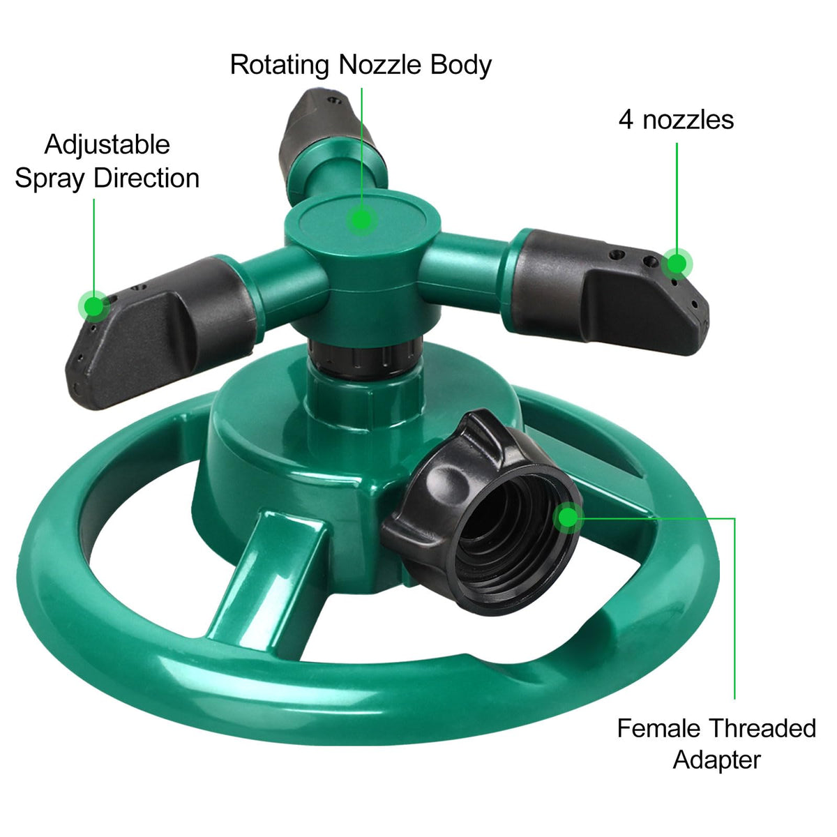 UPOFFICIS sprinkler connected to garden hose, compact and durable.