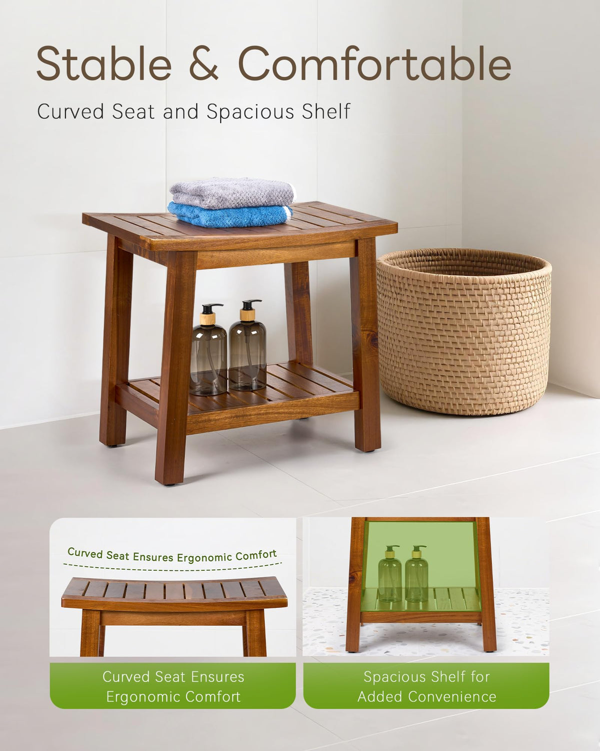 Upolana acacia wood shower bench with built-in storage shelf for towels.