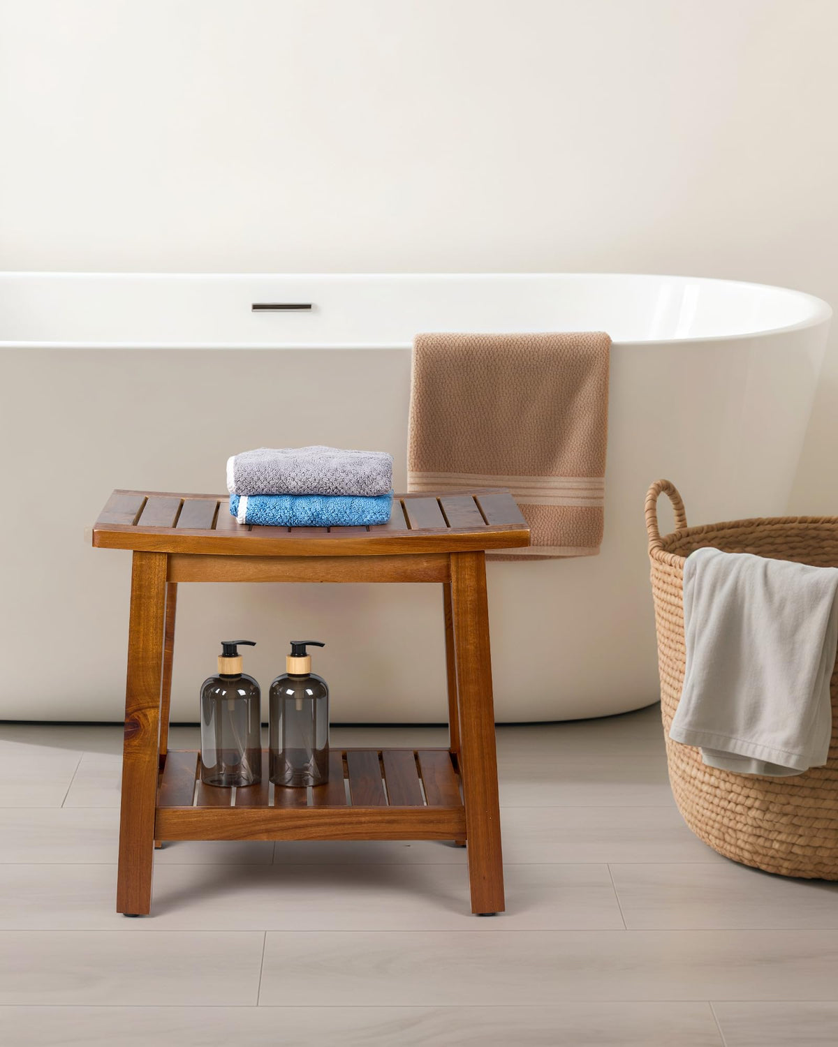 Upolana outdoor shower bench featuring storage for towels and toiletries.