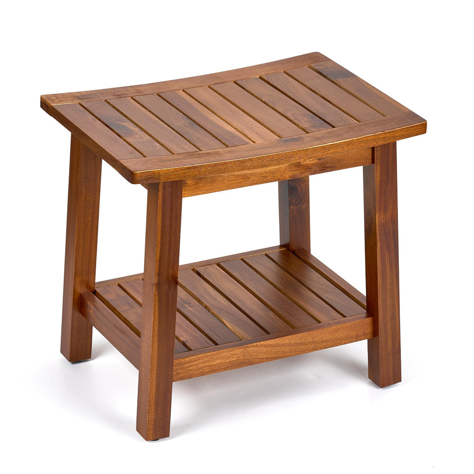 Upolana outdoor shower bench with solid acacia wood for durable seating.