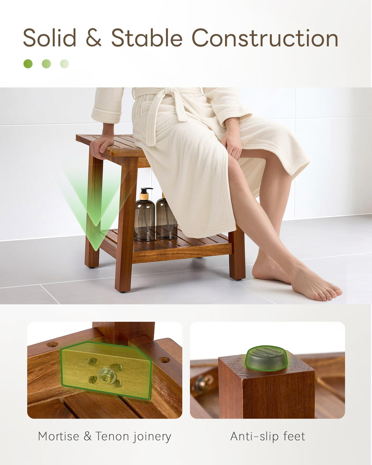 Upolana water-resistant solid acacia wood bench suitable for damp spaces.