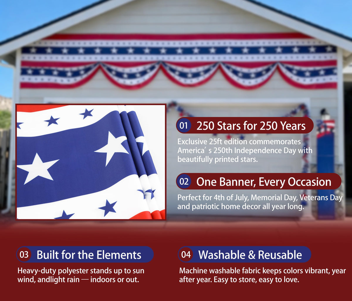 UQJE all-weather polyester bunting withstands sun and wind for outdoor decor.