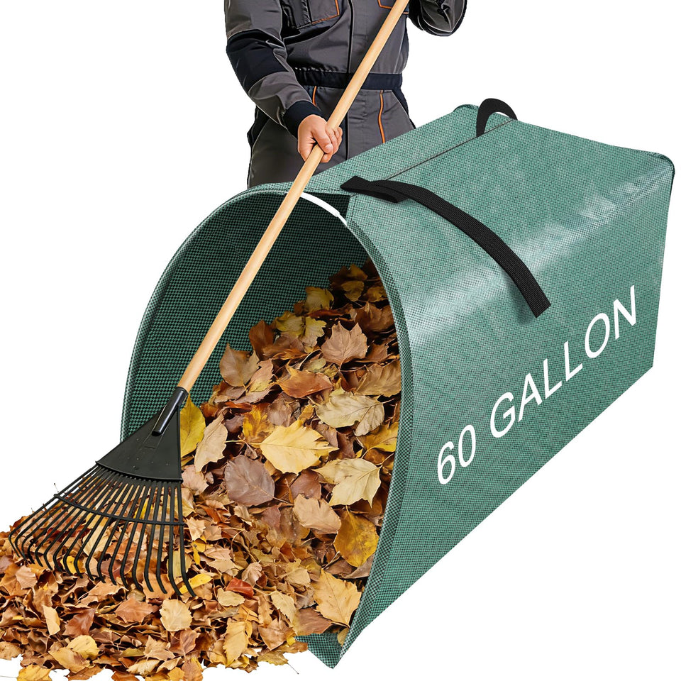 UQM 60-gallon leaf bag with dustpan opening for easy debris pickup.