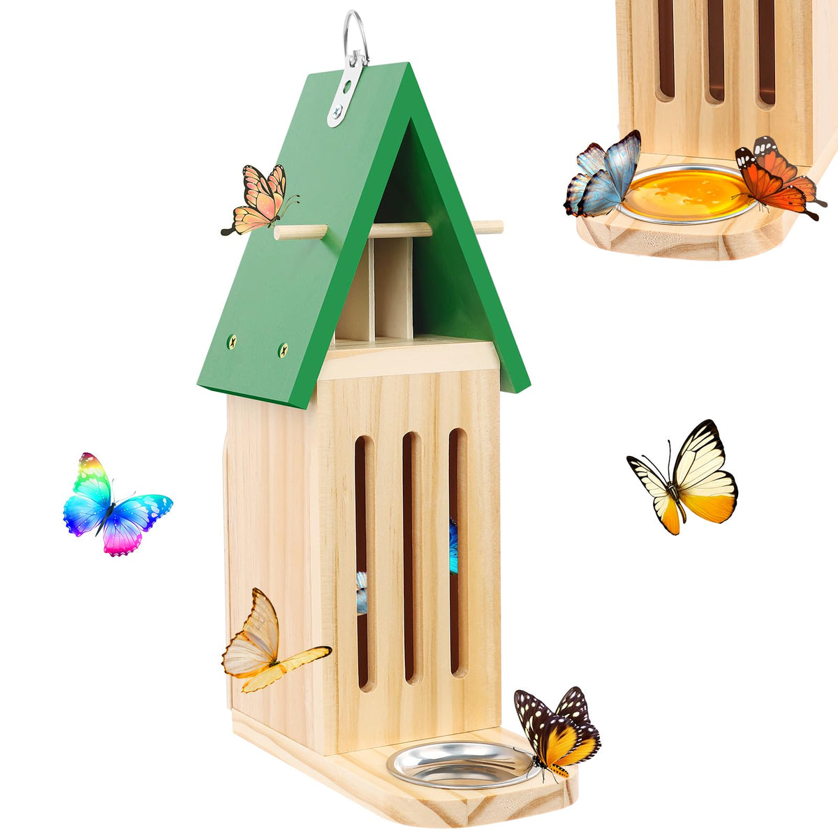 UQM butterfly house with feeder outdoors in natural pine wood habitat, safe for pollinators.