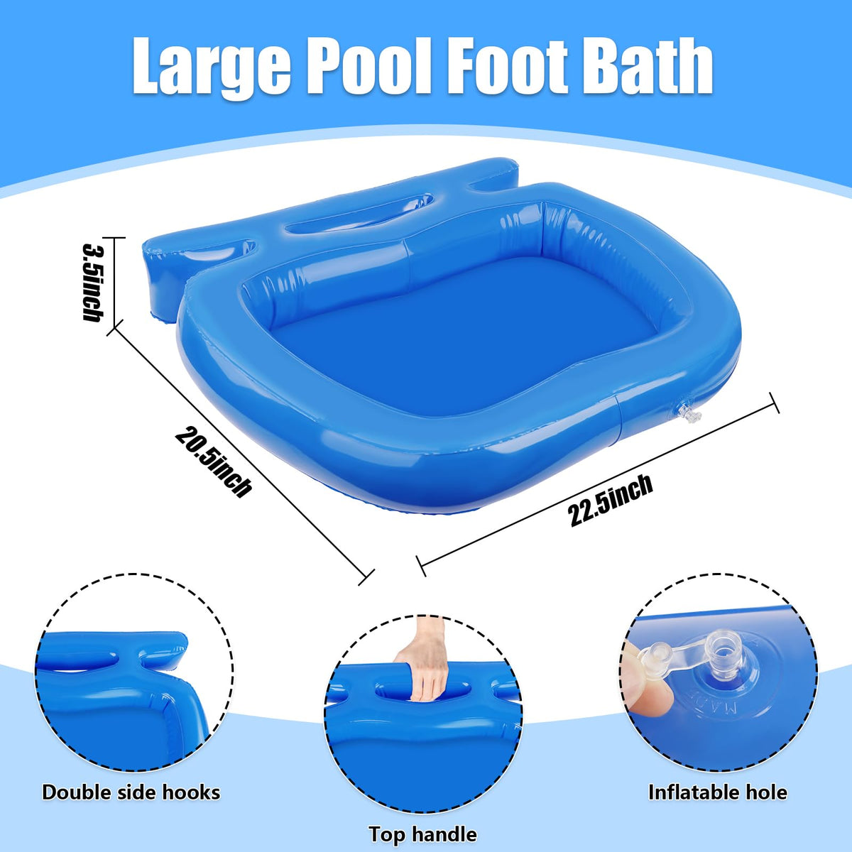 UQM inflatable foot wash tray positioned at pool edge for rinsing